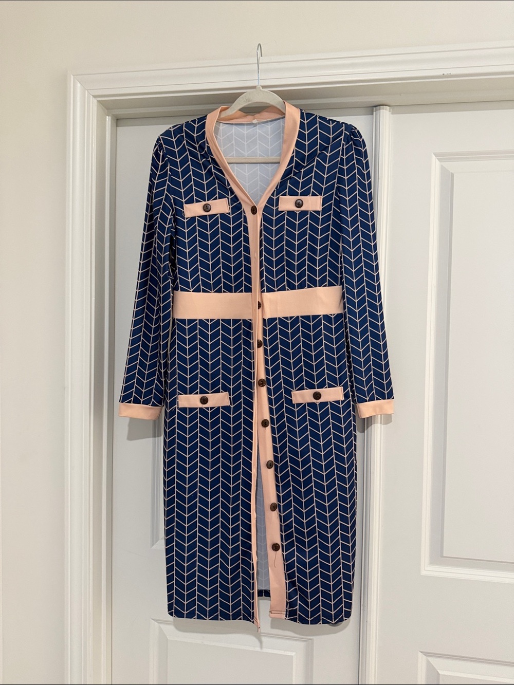 Navy Chevron Long Sleeve Dress with Blush Trim